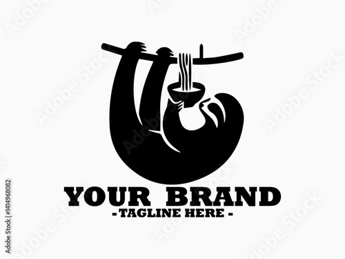 Dark silhouette illustration of a cute sloth hanging upside down from a tree branch while eating noodles from a bowl with chopsticks. sloth  animal concept, sloth vector design, sloth logo design