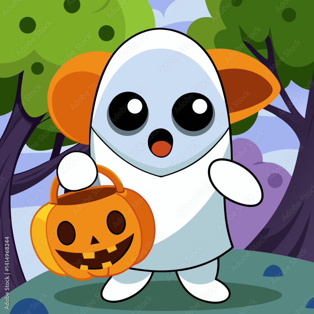 Cute ghost with pumpkin bucket in spooky forest, perfect Halloween vector art for kids and seasonal designs. Cute ghost with pumpkin bucket in spooky forest, perfect Halloween vector art for kids and seasonal designs.
