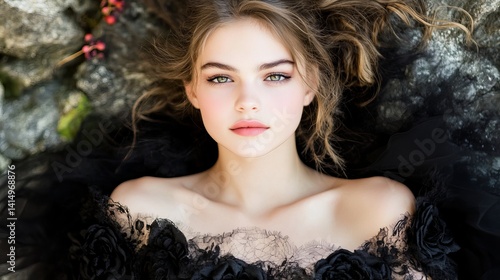 Beautiful fair-skinned woman is lying down among the rocks wearing a black lace dress with floral accents.