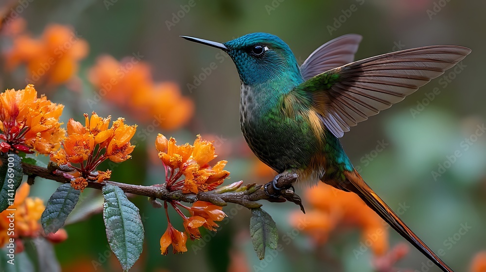 Fototapeta premium Hummingbird on Orange Flowers