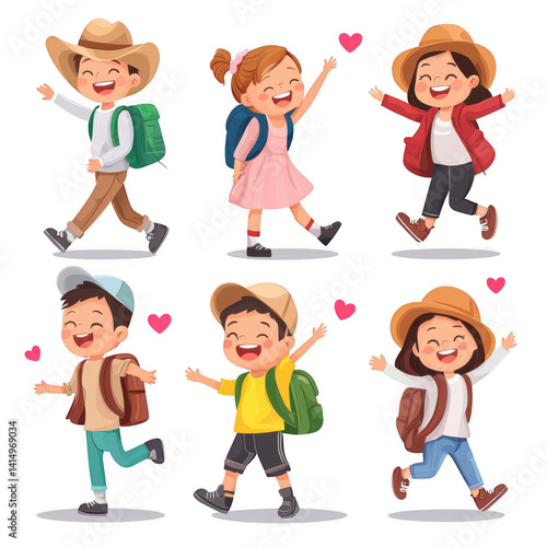 A vibrant illustration showcasing six cheerful kids in various outfits, expressing joy while walking, capturing the essence of adventure and happiness.