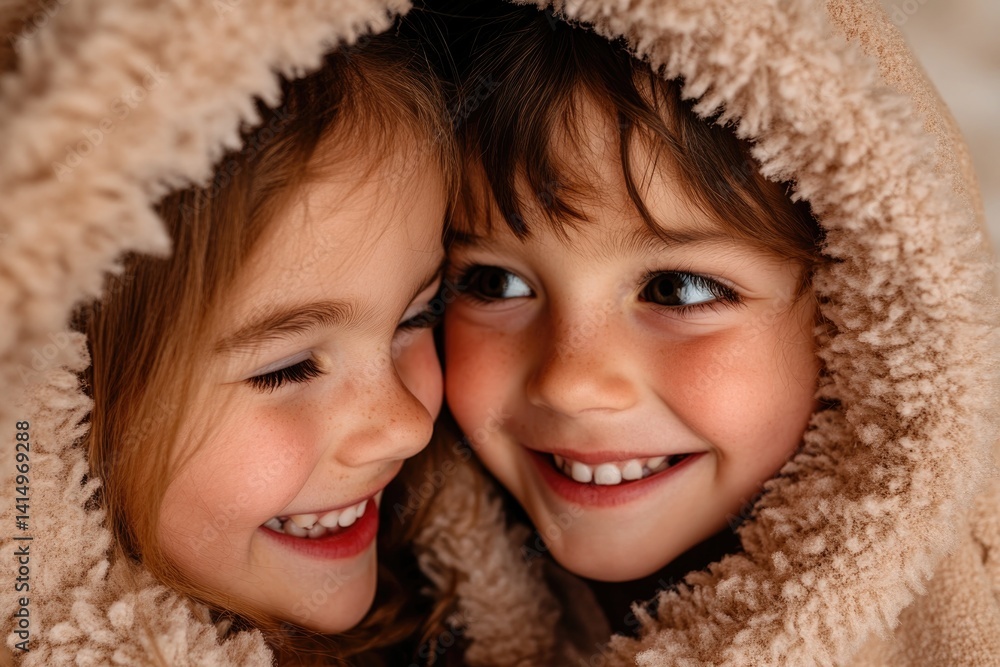 Warm embrace of joy shared between two kids in cozy hooded blank Warm embrace of joy shared between two kids in cozy hooded blank