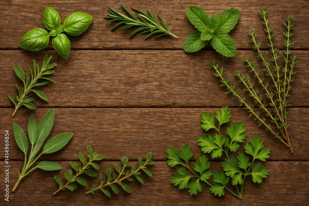 Fresh Culinary Herbs for Cooking and Garnishing on Rustic Wooden Table Fresh Culinary Herbs for Cooking and Garnishing on Rustic Wooden Table
