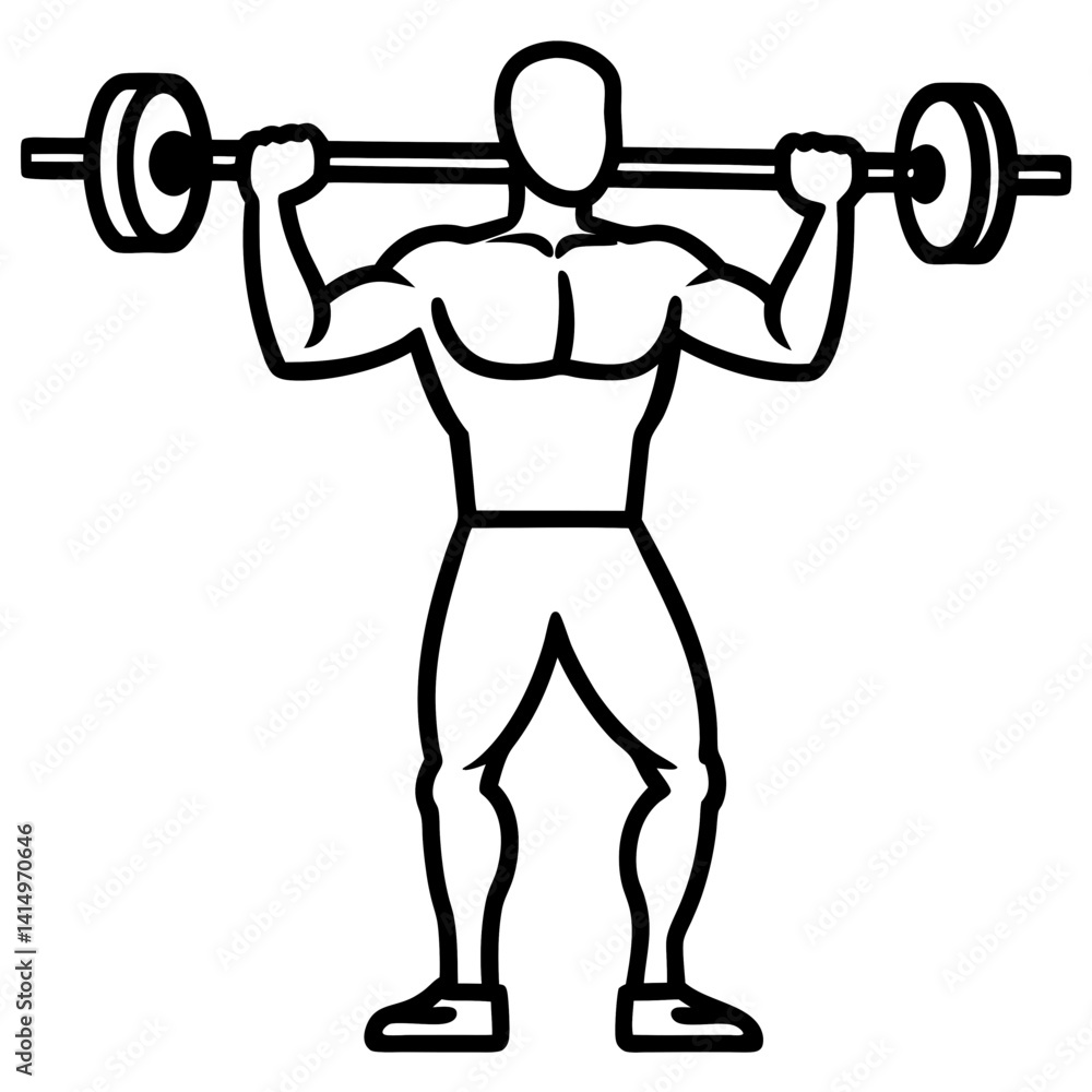 Line art vector silhouette of a person doing a barbell curl, with a barbell held in front, arms ben Line art vector silhouette of a person doing a barbell curl, with a barbell held in front, arms ben