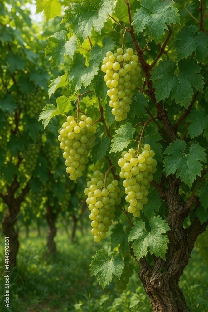 Lush Vineyard with Green Grapes Hanging from Vines in Sunshine Lush Vineyard with Green Grapes Hanging from Vines in Sunshine
