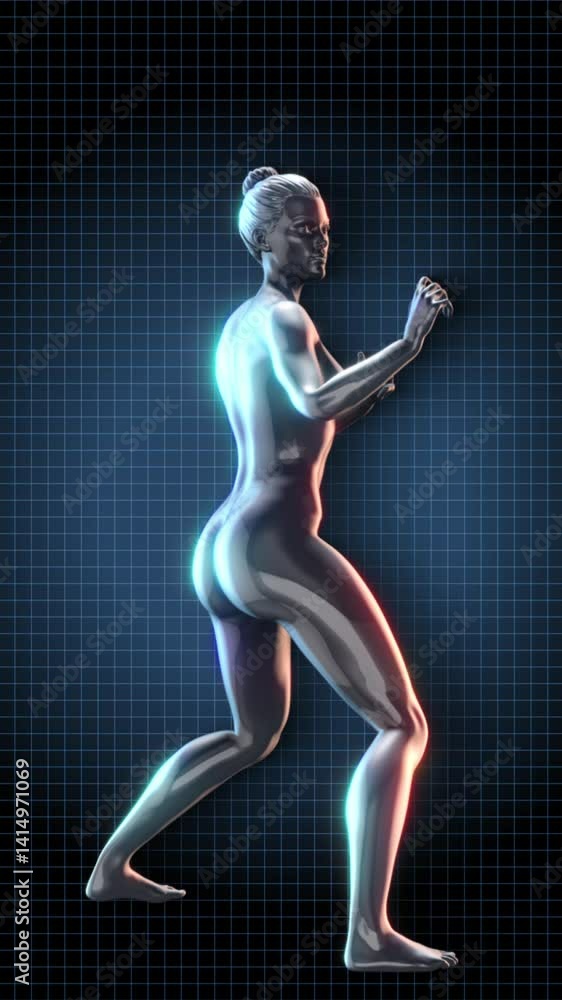 A looping animation of a female 3D character performing a fitness activity, rendered in a reflective chrome style. A looping animation of a female 3D character performing a fitness activity, rendered in a reflective chrome style.
