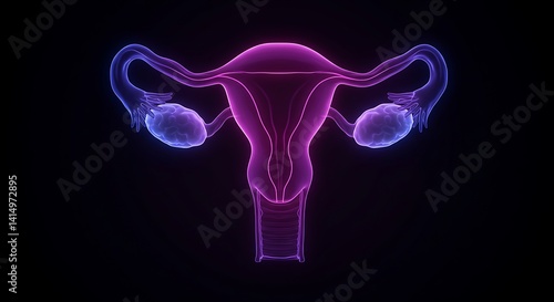 3D Rendered Female Reproductive System Glowing with Neon Colors on Black Background