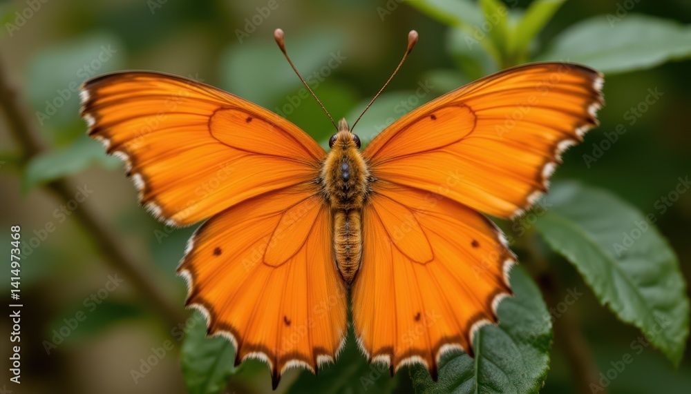 Obraz premium Vibrant orange butterfly resting on green leaves nature close-up serene environment macro view beauty of insects