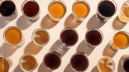 High angle view of craft cold gresh beer glasses their color progression representing different brewing styles on a light background.