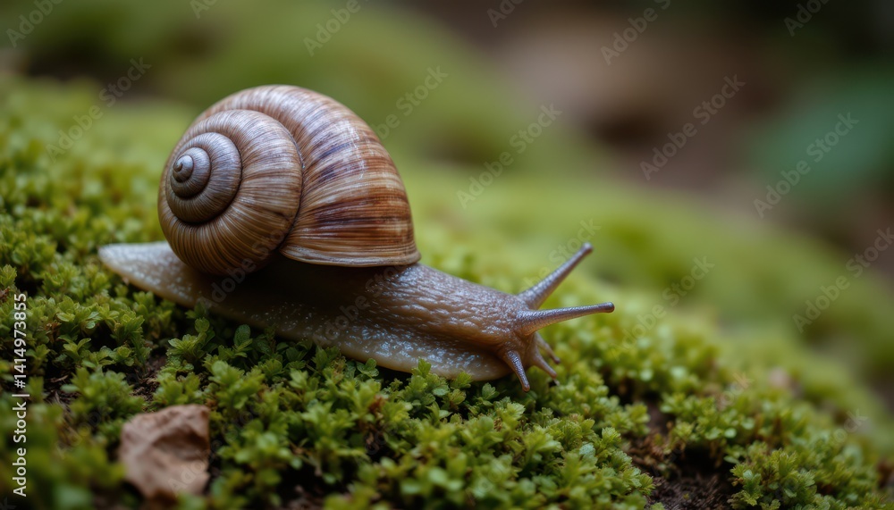 Closeup of a snail on moss in a lush forest nature photography macro environment tranquil viewpoint Closeup of a snail on moss in a lush forest nature photography macro environment tranquil viewpoint