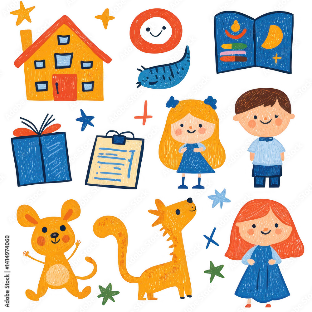 Obraz premium Colorful illustrations of children, animals, and school supplies on a vibrant background, showcasing a playful and creative environment perfect for educational themes.