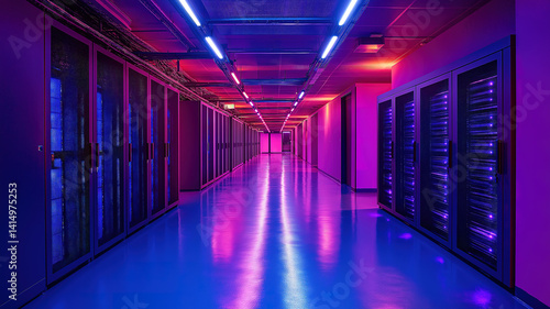 High-tech server hallway with neon blue lights and reflective floors showcasing advanced design