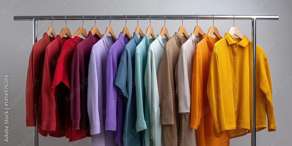 A rack of clothes with a variety of colors, including red, purple, green, and yellow A rack of clothes with a variety of colors, including red, purple, green, and yellow