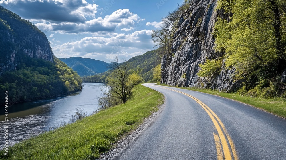 Fototapeta premium Scenic Roadway beside the River winding through Mountain landscape with Cloudy Sky