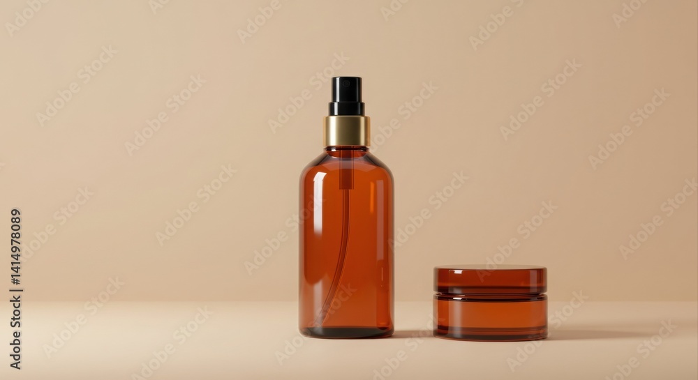 Amber glass cosmetic bottles and jar. Amber glass cosmetic bottles and jar.