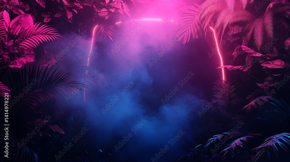 Fototapeta premium Neon Archway in Mystical Jungle, A glowing neon archway surrounded by tropical foliage and mist