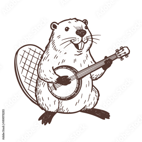 beaver playing banjo sketch, animal musician drawing