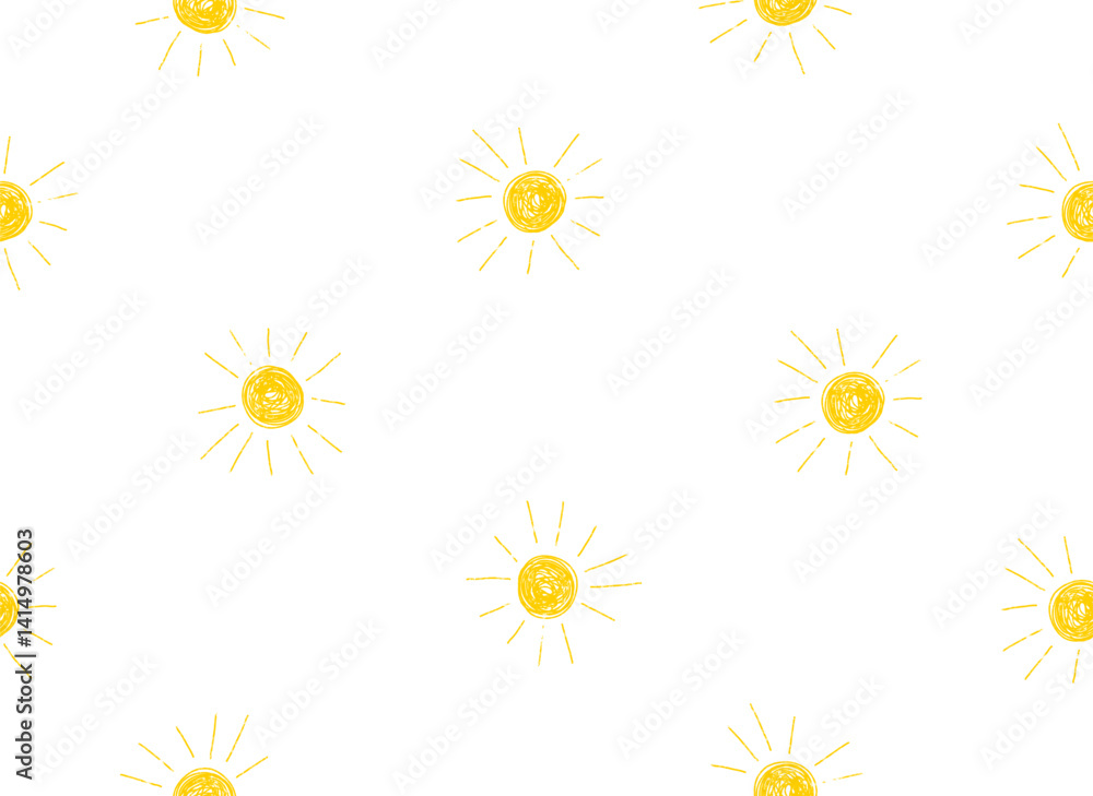 Cute Childish Seamless Vector Pattern With Hand Drawn Yellow Sun on a White Background. Infantile Style Endless Design With Doodle Sun. Sunny Wallpaper. Crayon Drawing-like Abstract Sun. Cute Childish Seamless Vector Pattern With Hand Drawn Yellow Sun on a White Background. Infantile Style Endless Design With Doodle Sun. Sunny Wallpaper. Crayon Drawing-like Abstract Sun.