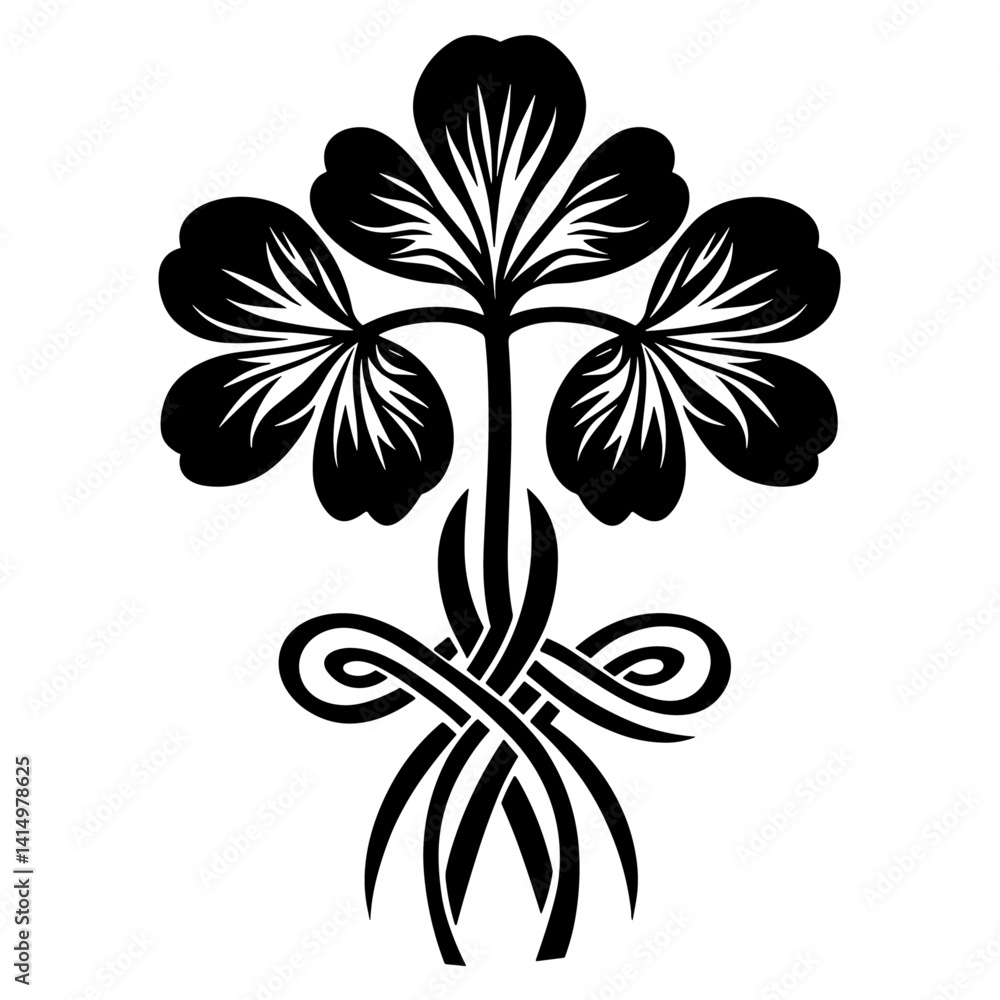 Obraz premium Black Clover Leaf Design with Celtic Knot Base Symbol of Luck White Background