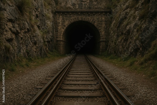 Dark Railway Tunnel Surrounded by Rocky Landscape and Tracks