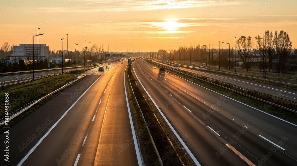 Obraz premium Golden sunset over a highway with blurred traffic, evoking movement and serenity in the fading light.