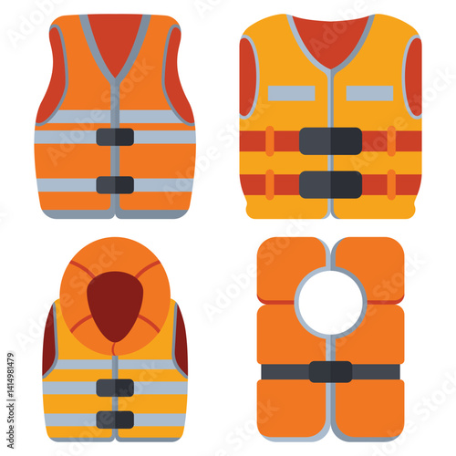 Life jackets and vests vector cartoon set isolated on a white background.