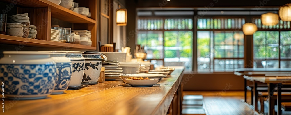 Naklejka premium Japanese restaurant. Counter section of a typical small traditional Japanese style restaurant. Wide format. Hand edited generative AI