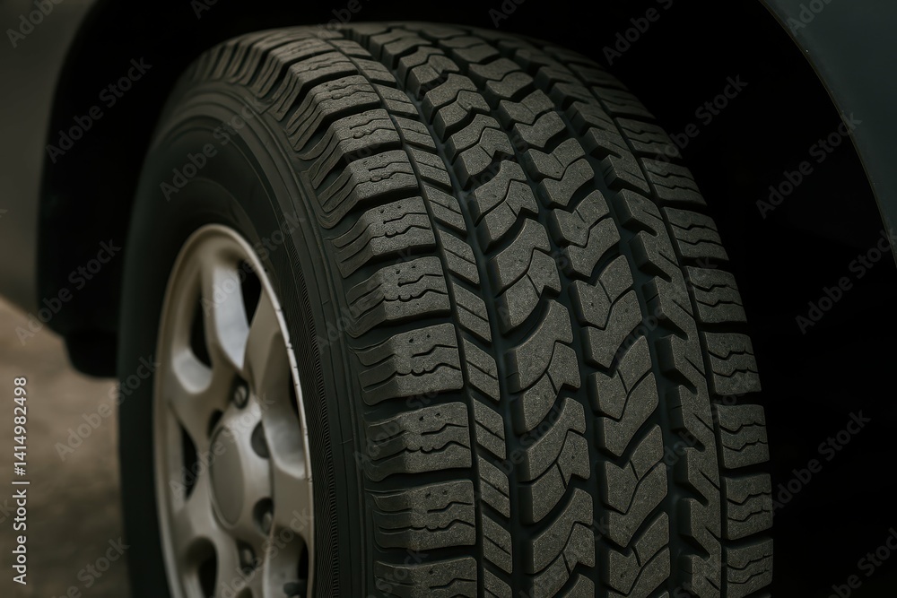 Close-Up View of a Car Tire Showing Tread Pattern and Design Close-Up View of a Car Tire Showing Tread Pattern and Design