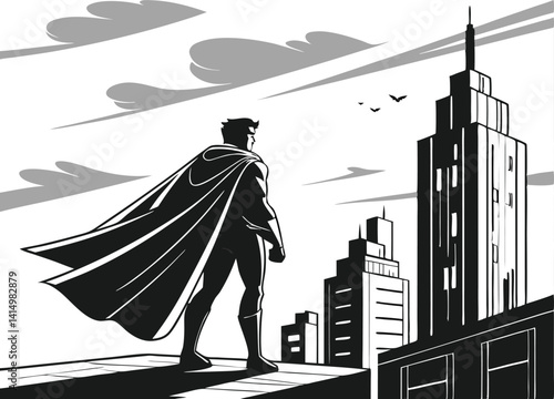 A superhero stands atop a rooftop, looking over a city skyline