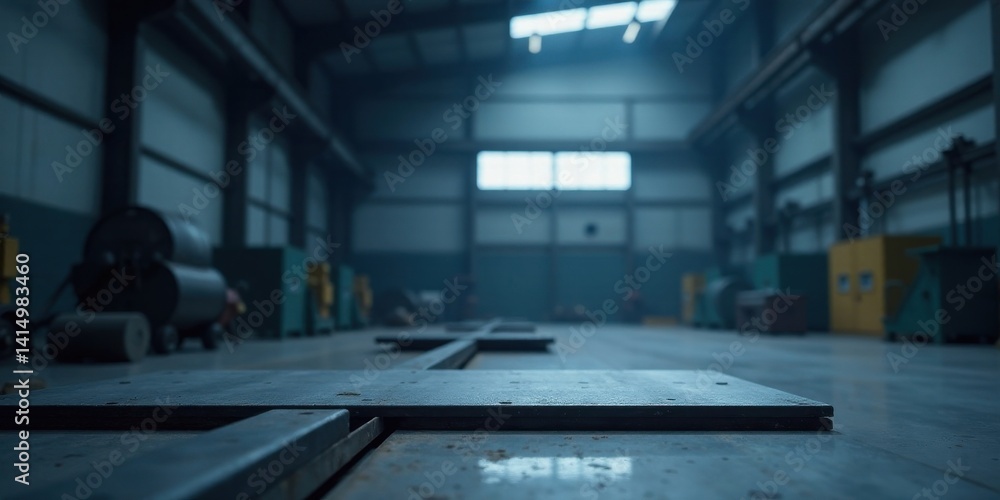 Fototapeta premium Industrial Facility Interior A Perspective of Steel Platforms in a Large, High-Ceiling Warehouse