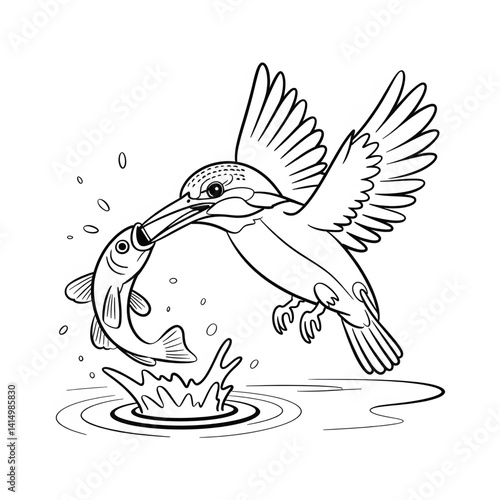 A black and white a kingfisher catches a fish illustration line art of a coloring page