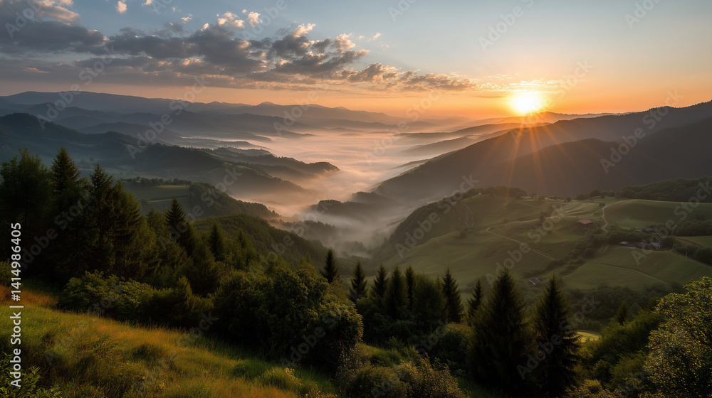 Obraz premium A tranquil landscape of sunrise over fog-covered hills, ideal for travel and wellness themes.