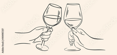 Hand drawn chalk wine cheers. Hands with wine glass. Collection of whimsical doodle line art for wedding invitations, menus and parties. Doodle art template. Clipart vintage ink doodle sketch style