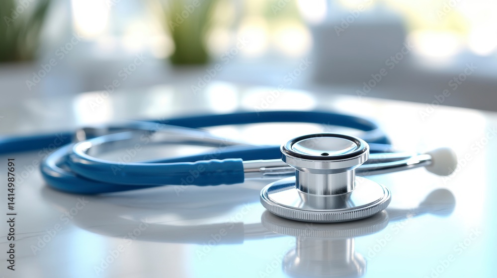 Close-up of a blue stethoscope on a reflective surface. Close-up of a blue stethoscope on a reflective surface.