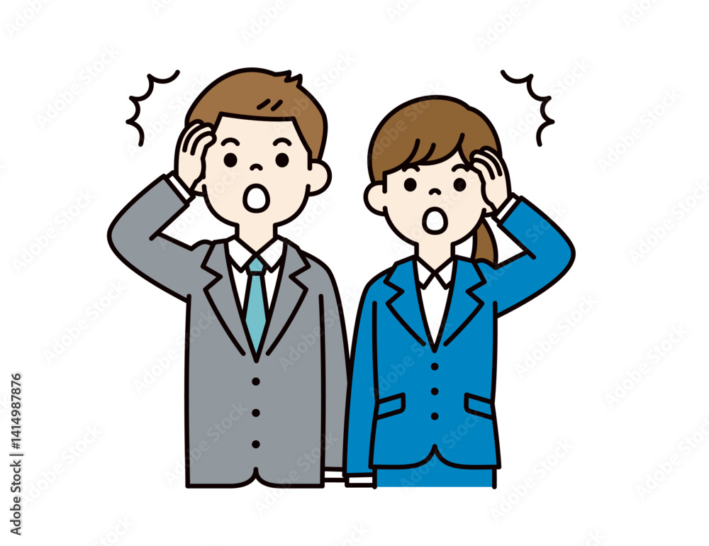 うっかりしていて気付く、若い男女の会社員のベクターイラスト素材_線の編集可能_カラー うっかりしていて気付く、若い男女の会社員のベクターイラスト素材_線の編集可能_カラー
