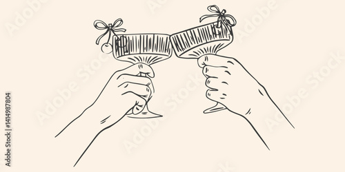 Hand drawn chalk cheers. Hands with cocktail glass and cherry drawings for wedding invitations, menus and parties.  Doodle art template. Clipart vintage ink doodle sketch style