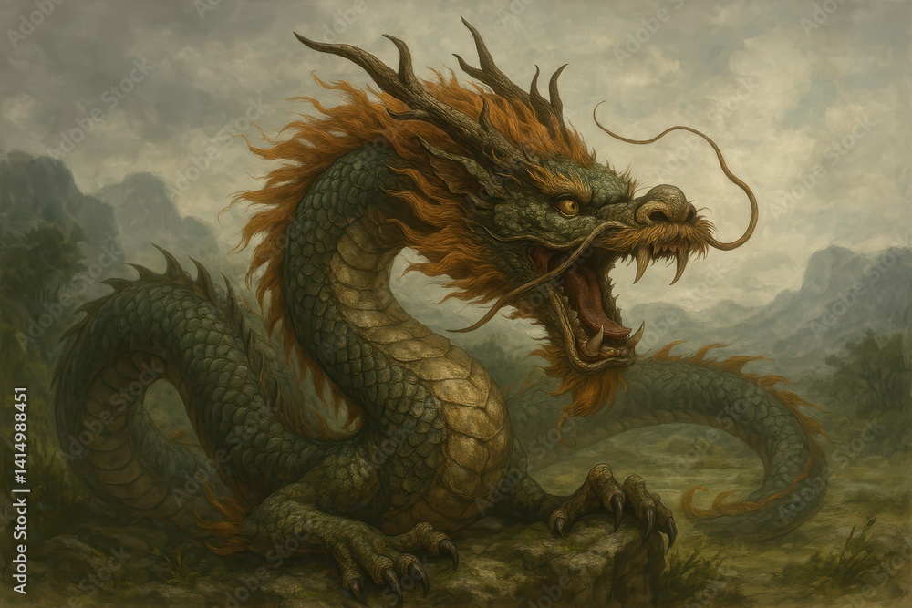 Majestic Mythical Dragon with Fiery Mane in Fantasy Landscape Majestic Mythical Dragon with Fiery Mane in Fantasy Landscape