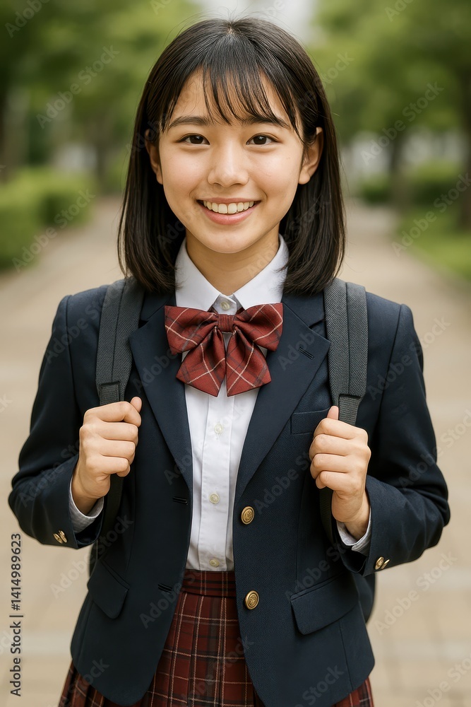 Cheerful Student Smiling in School Uniform With Backpack Outdoors Cheerful Student Smiling in School Uniform With Backpack Outdoors