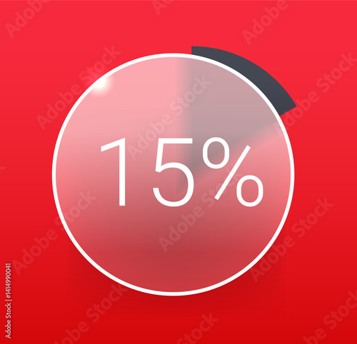 Radial fifteen percent glass morphism diagram on red background. Infographic chart symbol