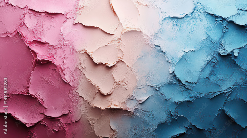 Obraz premium Textured Gradient Surface With Rough Layers of Pink, Beige, and Blue: A Tactile, Abstract Composition That Transitions Smoothly Through Soft Colors.