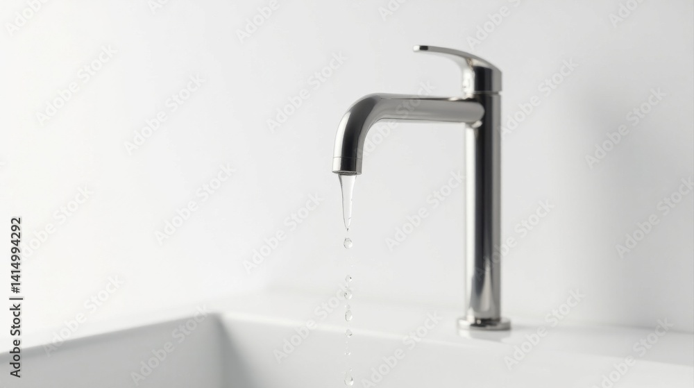 A single, modern metallic faucet with a slow drip of water falling into a pristine white basin A single, modern metallic faucet with a slow drip of water falling into a pristine white basin