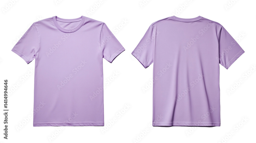Plain lavender t-shirt showcasing front and back perspectives with short sleeves and round neckline for apparel mockup design purposes on transparent background Plain lavender t-shirt showcasing front and back perspectives with short sleeves and round neckline for apparel mockup design purposes on transparent background