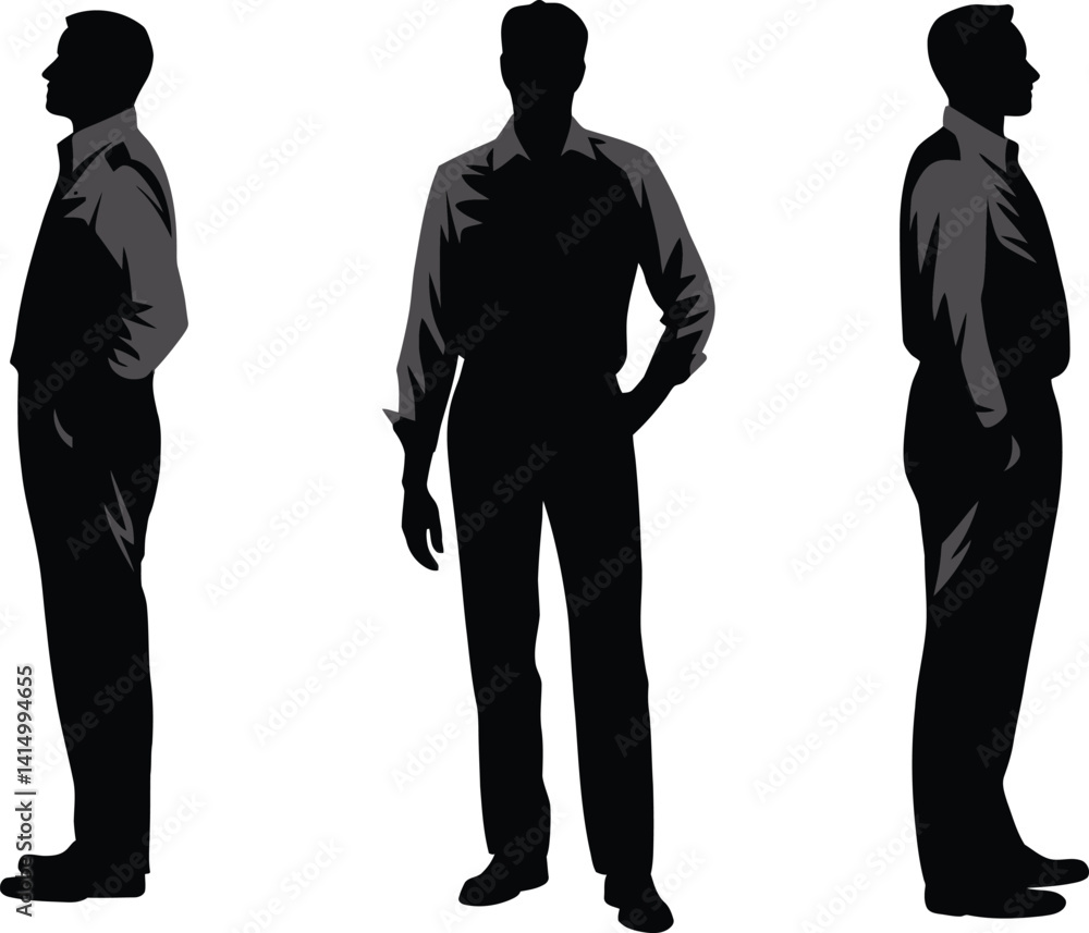 Trio of Male Silhouettes in Side and Front View Standing Trio of Male Silhouettes in Side and Front View Standing