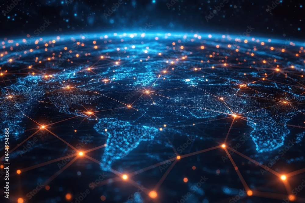 Fototapeta premium Digital global network connecting continents with luminous nodes and intricate data flow at night