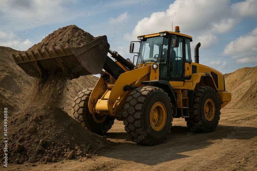Heavy Loader Excavator Lifting Soil at Construction Site Outdoors Heavy Loader Excavator Lifting Soil at Construction Site Outdoors