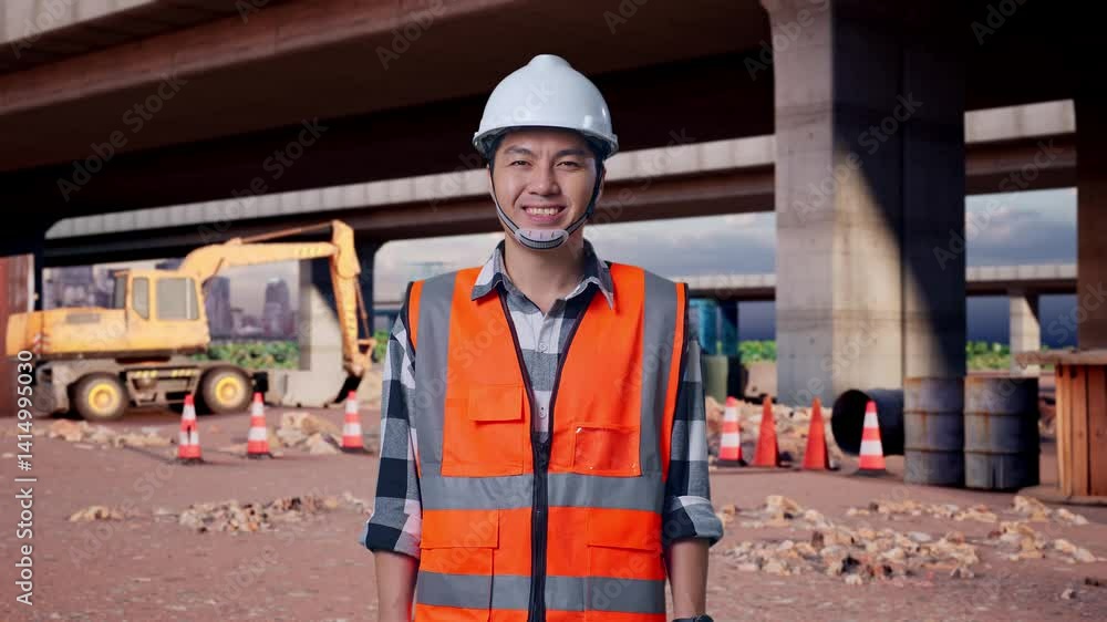 Asian Male Engineer With Safety Helmet Smiling To Camera While Standing At The Site of Highway Construction Asian Male Engineer With Safety Helmet Smiling To Camera While Standing At The Site of Highway Construction
