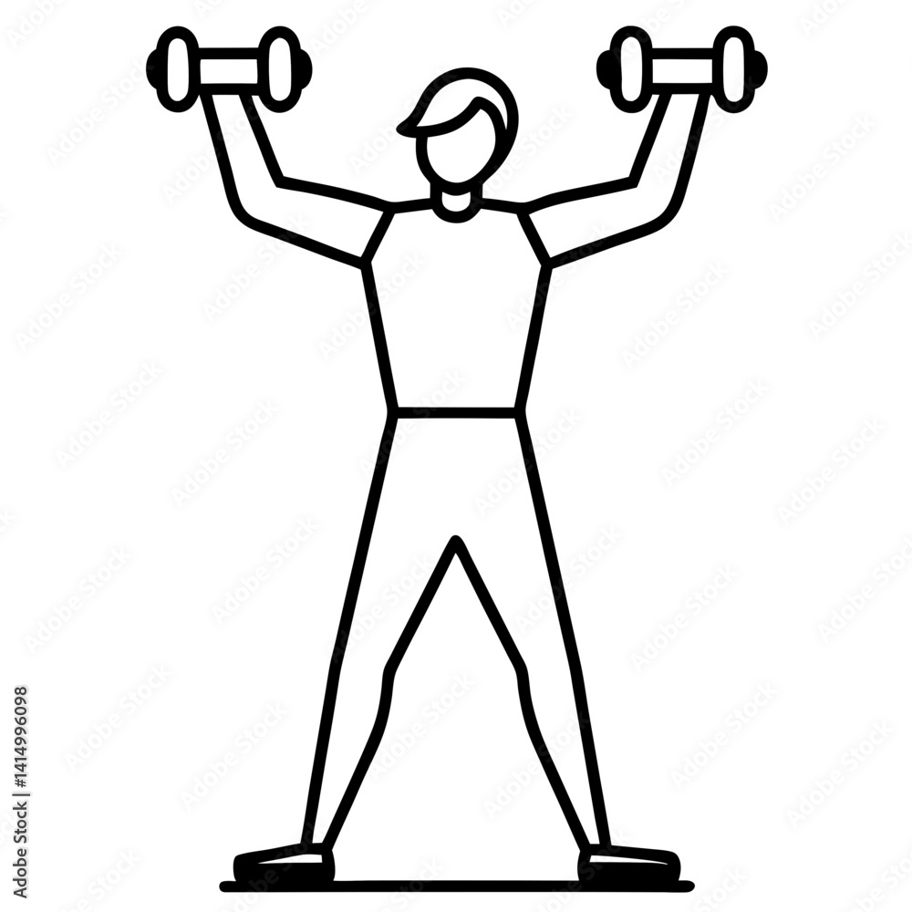 Line art vector silhouette of a person lifting a dumbbell, with one arm extended overhead Line art vector silhouette of a person lifting a dumbbell, with one arm extended overhead