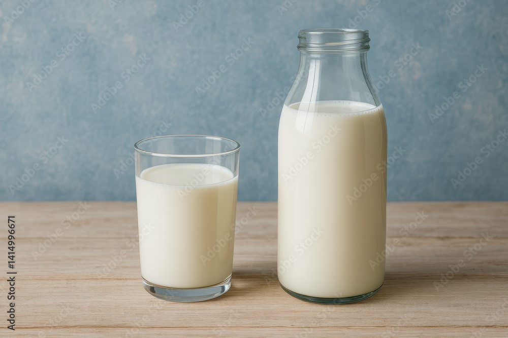 Fresh Milk in Glass and Bottle on Wooden Table with Blue Background Fresh Milk in Glass and Bottle on Wooden Table with Blue Background