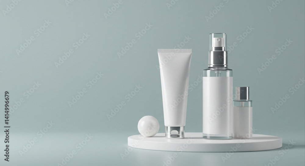 Elegant cosmetic bottles on a podium. Elegant cosmetic bottles on a podium.