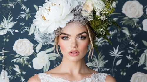 Elegant woman poses wearing floral headpiece against a dark botanical patterned background, creating a sophisticated portrait.